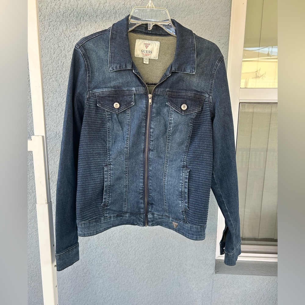 Guess Jean Jacket Women’s Blue Denim Full Zip Moto Trucker Size Large Stretch